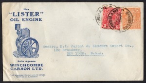 Postal History: ADVERTISING: October 1921 usage of KGV 1d Red (LM wmk) + 2d Orange on attractively illustrated cover for Winchcombe Carson Ltd (The "Lister" Oil Engine) from Brisbane to New York.