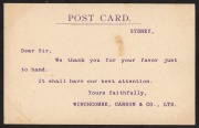 POSTCARDS: AGRICULTURE & TRAVEL?: An illustrated postcard issued by WINCHCOMBE, CARSON & Co. Ltd., Sydney, (wool brokers, stock and station agents) depicting a family of rabbits at a "First Class" ticket office, dated 1909, with the additional information - 2