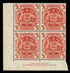 1951 (SG.224ab) 5/- Arms (Thin paper - measured at 0.075mm) Ash Imprint blk.(4) superb MUH. BW: 268a - $3,250 [See Note 1].