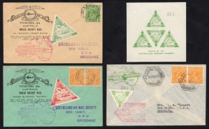 Aerophilately & Flight Covers - Rocket Mail: 1935-36 (AAMC.R2,3,7 & 7b) flown covers for Fraser Island - SS Maheno, SS Maheno - Fraser Island, and Enoggera Rafle Range firing plus Enoggera Rifle Range sheetlet of 4 vignettes. (4 items).