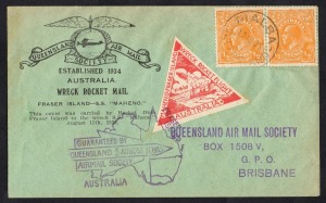 Aerophilately & Flight Covers - Rocket Mail: 11 Aug.1935 (AAMC. R2) Fraser Island - SS Maheno flown cover with red vignette.