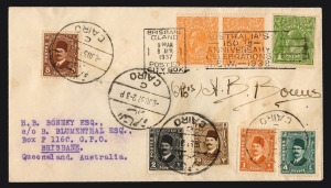 Aerophilately & Flight Covers: 9 April 1937 (AAMC.714f) Brisbane - Cairo flown cover, carried and signed by Mrs. H.B. "Lores" Bonney on this leg of her four month flight to Capetown aboard her Klemm Monoplane "My Little Ship II".