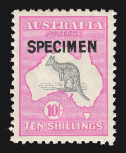Kangaroos - Third Watermark: 10/- Grey & Deep Aniline Pink SPECIMEN Type B overprint with "Short P" variety; well centred and fresh; lightly mounted o.g. BW: 48x - $600+