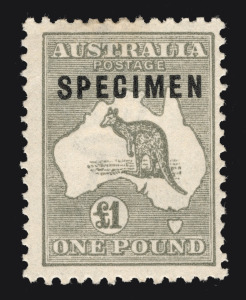 Kangaroos - Third Watermark: &pound;1 Grey, overprinted SPECIMEN Type C with variety "Shaved P"; full o.g., lightly mounted. BW: 53xf - $1000.