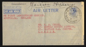 Aerophilately & Flight Covers: 2 June 1945 (AAMC.1007a) First QANTAS Lancastrian Service Air Letter carried from Sydney to London and signed by the pilots, Jackson and Thomas. With arrival mark verso.