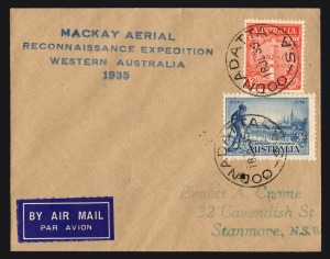 Aerophilately & Flight Covers: 18 July 1935 (AAMC.517) Oodnadatta - Sydney flown covcer, carried on the Mackay Aerial Reconnaissance Expedition to Western Australia; with six different backstamps.