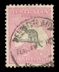 Kangaroos - Small Multiple Watermark: 10/- Grey & Pink; well centred , with part ADELAIDE REG'D cds; tiny bend at top right cnr.