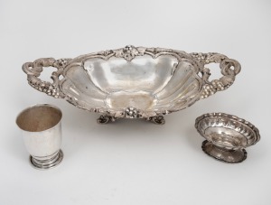 A Continental 800 silver fruit bowl (278 grams), together with an 800 silver stand (90 grams), and a Norwegian 830 silver beaker by PAULSEN (70 grams), 19th/20th century, (3 items), the fruit bowl 36cm wide, 434 grams total.