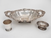 A Continental 800 silver fruit bowl (278 grams), together with an 800 silver stand (90 grams), and a Norwegian 830 silver beaker by PAULSEN (70 grams), 19th/20th century, (3 items), ​​​​​​​the fruit bowl 36cm wide, 434 grams total.