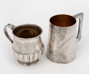 Two antique English sterling silver christening mugs, 19th century, the larger 9cm high, 192 grams total.