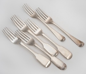 Six assorted antique sterling silver forks, 19th century, 424 grams total.