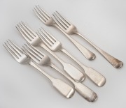 Six assorted antique sterling silver forks, 19th century, ​​​​​​​424 grams total.