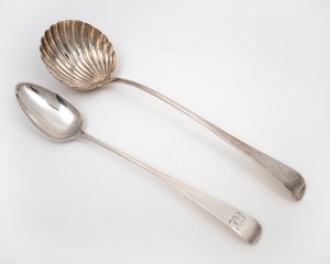 A Georgian sterling silver ladle and basting spoon, 18th/19th century, (2 items), 35cm and 31cm long, 284 grams total.