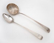 A Georgian sterling silver ladle and basting spoon, 18th/19th century, (2 items), ​​​​​​​35cm and 31cm long, 284 grams total.