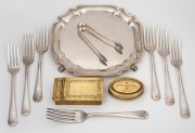 A 20th century sterling silver salver (340 grams), together with two antique brass snuff boxes and assorted silver plated forks and sugar tongs, (11 items).
