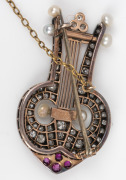 A fine quality antique 9ct rose gold lyre brooch adorned with rose cut diamonds, rubies and pearls set in sterling silver mount, 19th century, ​​​​​​​4.2cm high, 7.8 grams. - 2