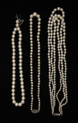 Three assorted vintage pearl bead necklaces all with silver clasps (one missing catch), 20th century, ​​​​​​​the largest 40cm long.