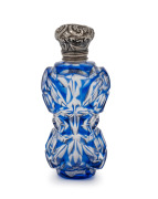 An antique English blue overlay glass scent bottle with sterling silver top and original inner stopper, 19th century, ​​​​​​​10cm high.