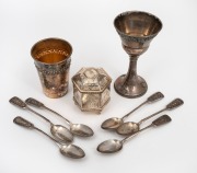 Set of six antique Russian silver teaspoons, a 925 silver beaker and goblet, plus a silver plated octagonal box, 19th/20th century, (9 items), 170 grams silver weight.
