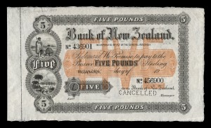 BANK OF NEW ZEALAND, Five Pounds sterling, Wellington, (19- printed), discordant numbers No.436901 - No.456900, printed both sides, officially perforated 'CANCELLED', imprint of Bradbury Wilkinson & Co.Ld. Engravers & c. London, '12th August 1903' handwritten at top left and with perforated counterfoil still attached. Uncirculated.