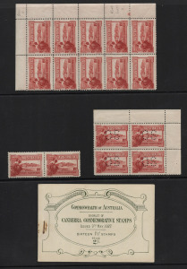1927 (SG.105) 1&frac12;d Parliament House, upper right cnr.blk.10 with variety "Flaw in top of first A of AUSTRALIA" (BW:132g); horizontal pr. with variety "Weak shading in right frame" (BW:132d); and, upper right cnr.blk.4 perforated OS; all MUH. (16).