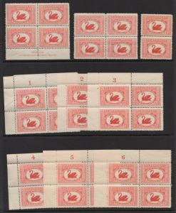 1929 (SG.116) 1&frac12;d Western Australian Swan: a specialised range on Hagner pages, comprising of an Imprint blk.4, Plates 1 - 12 in matching Sheet No. cnr.blks.4; a blk.4 with "Re-entry to neck and T" and a normal pair. Mainly fine MUH; some M. (58).