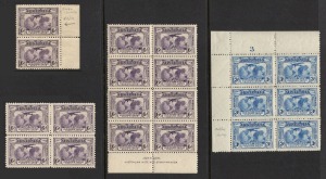 1931 Kingsford Smith varieties: 3d blue, Plate 3 cnr.blk.6 with variety "Aeroplane dropping mailbag" MUH; 6d violet, Ash Imprint blk.8 with variety "Re-entries to T, FO and LD" MUH; 6d violet, vertical pair with variety "Extra islands" MLH; and a blk.4 wi