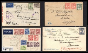 Postal History: An album containing a range of mainly 1930s-50s commercial mails to Europe; some earlier and a few later, and some to other foreign destinations, with a wide range of adhesives and rate, with many being AIRMAIL, several registered, censore