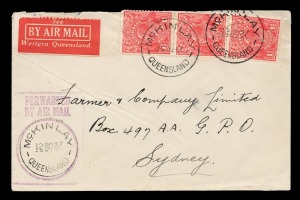 Aerophilately & Flight Covers: 1927-32 covers all with QANTAS "Western Queensland" red/white vignettes (Frommer.15d) including a 12 Nov. 1927 flown cover with the earliest recorded usage of the "FORWARDED BY AIR MAIL" violet handstamp at McKINLAY; a Dec.