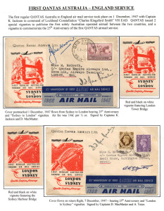 Aerophilately & Flight Covers: December 1947 (AAMC.1124 & 24a, 1125 & 25b) Qantas vignettes for the 1st regular Australia - England service: unused examples of the two vignettes together with flown covers with appropriate vignettes (plus 25th Anniversary 