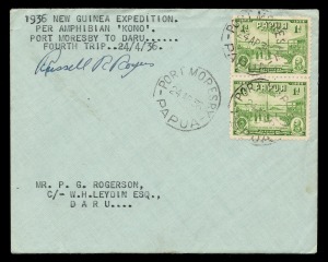 PAPUA - Aerophilately & Flight Covers: 24 Apr.1936 (AAMC.P101) Port Moresby - Daru cover, flown by Rogers & Archbold on the fourth flight of the Second Archbold Expedition in their Fairchild NR777 Amphibian "Kono". Signed by Russell Rogers. Cat.$500+. Ex 