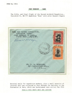PAPUA - Aerophilately & Flight Covers: 28 May 1936 (AAMC.P103) Port Moresby - Daru cover, flown & signed by Russell Rogers, carried on the fifth and final flight of the Second Archbold Expedition. Backstamped on arrival. [12 flown]. Cat.$500+. Ex Ray Kell