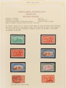 NEW ZEALAND: 1906 - 1950 collection in album; including 1906 Christchurch Exhibition set Mint (plus extras), 1906 Exhibition publicity labels, 1913 Auckland Exhibition set Mint (plus low value extras), 1920 Peace sets M & U, the 1923 1d Map issue in blo
