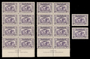 1932 (SG.123,123a) 6d Kingsford Smith, 2 singles with the "Re-entry", both fresh MUH; also, two Imprint blks.8, also with the "re-entry" but both with slightly darkened gum MUH. (18).