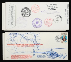 Aerophilately & Flight Covers: THE FIRST SOLO HELICOPTER FLIGHT AROUND THE WORLD - Pilot: DICK SMITH: August 1982 - July 1983 flown covers, comprising of 5th August 1982 (AAMC.1948a) Fort Worth to London (9, of which 2 are signed and endorsed by Smith); 