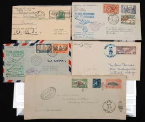 UNITED STATES OF AMERICA - Aerophilately & Flight Covers: A range of covers and cards, some on annotated exhibit pages, incl. Feb.1927 Capiz to Manila, 1929 San Juan to Paramaribo, Aug.1935 Pan Am Wake Island to Midway survey flight, 1935 Monteverde flow