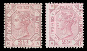 GREAT BRITAIN: 1873-80 (SG.141) Watermark Orb, 2&frac12;d rosy mauve, Plates 3 and 17; original gum, Plate 17 with small stain on gum side, (2). Cat.&pound;3,050.