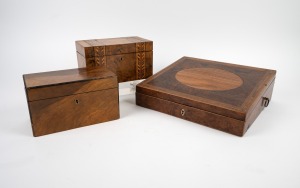 Two antique English walnut tea caddies, together with a Georgian writing slope lap box with fitted interior attractively veneered in birdseye yew, and mahogany, 19th century, (3 items the largest 33cm wide.
