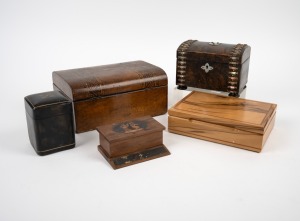 Group of five assorted antique and vintage boxes, English, Italian and others, 19th/20th century, ​​​​​​​the largest 24cm wide.