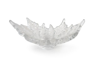 LALIQUE French frosted glass fruit bowl with leaf decoration, engraved "Lalique, France", 19cm high, 46cm wide.