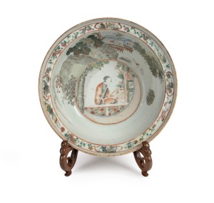 An antique Chinese porcelain bowl on timber stand, Guangxu period, late 19th century, 10cm high, 29.5cm diameter.