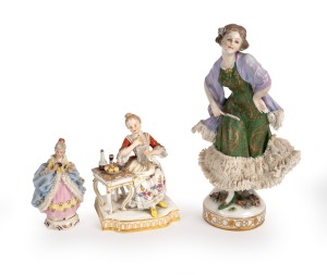 Three antique and vintage Continental porcelain lace figurines, MEISSEN, DRESDEN and CROWN NAPLES, 19th and 20th century, factory marks to base, 23cm high.
