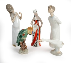 HEREND Hungarian porcelain parrot statue, LLADRO porcelain goose statue, LLADRO porcelain statue of a young girl, NAO porcelain statue of a boy and a Continental porcelain statue of a lady in an orange dress, 20th century, (5 items), ​​​​​​​the largest 20