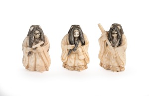 Three vintage Japanese ivory netsukes with novelty swivel heads, mid 20th century, ​​​​​​​the largest 5.5cm high.