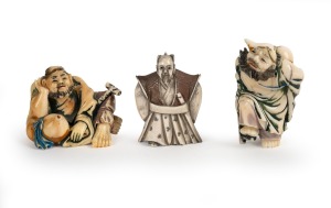 Three vintage Japanese ivory netsukes with painted decoration, mid 20th century, the largest 5.5cm high.