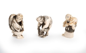 Three vintage Japanese carved ivory netsukes of standing figures, early to mid 20th century, the largest 5.5cm high.
