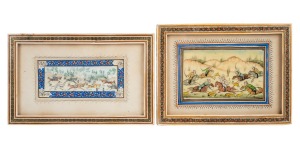 Two Indo-Persian hand-painted ivory panels in original frames, 20th century, the largest 11 x 19cm overall.