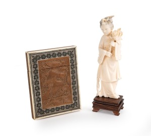 An Anglo-Indian carved sandalwood and ivory calling card case; together with a Chinese carved ivory statue of a lady holding a peony, 19th and 20th century, (2 items), ​​​​​​​10cm and 15cm high.