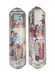 A pair of antique Chinese famille rose porcelain scroll rests, 18th/19th century, ​​​​​​​20cm high.