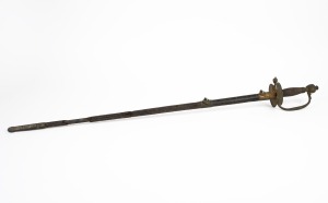 GOLDNEY'S antique English dress sword with engraved gilt decorated blade with heat blued ground, engraved "FOR MY KING & COUNTRY", early 19th century, bearing plaque to scabbard "Goldney's, Late Neild St. James's Street, Sword Cutlers to H.H.H. The Prince